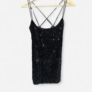 Lucy in the Sky Black Sequin Mini Dress - Lace Up Back - Size L